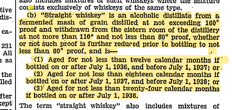 (2) "Straight whiskey" is an alcoholic distillate from a fermented mash of grain distilled at not exceeding 160° proof and withdrawn from the cistern room of the distillery at not more than 110° and not less than 80° proof, whether or not such proof is further reduced prior to bottling to not less than 80° proof, and is (i) Aged for not less than 12 calendar months if bottled on or after July 1, 1936, and before July 1, 1937; or (ii) Aged for not less than 18 calendar months if bottled on or after July 1, 1937, and before July 1, 1938; or (iii) Aged for not less than 24 calendar months if bottled on or after July 1, 1938.